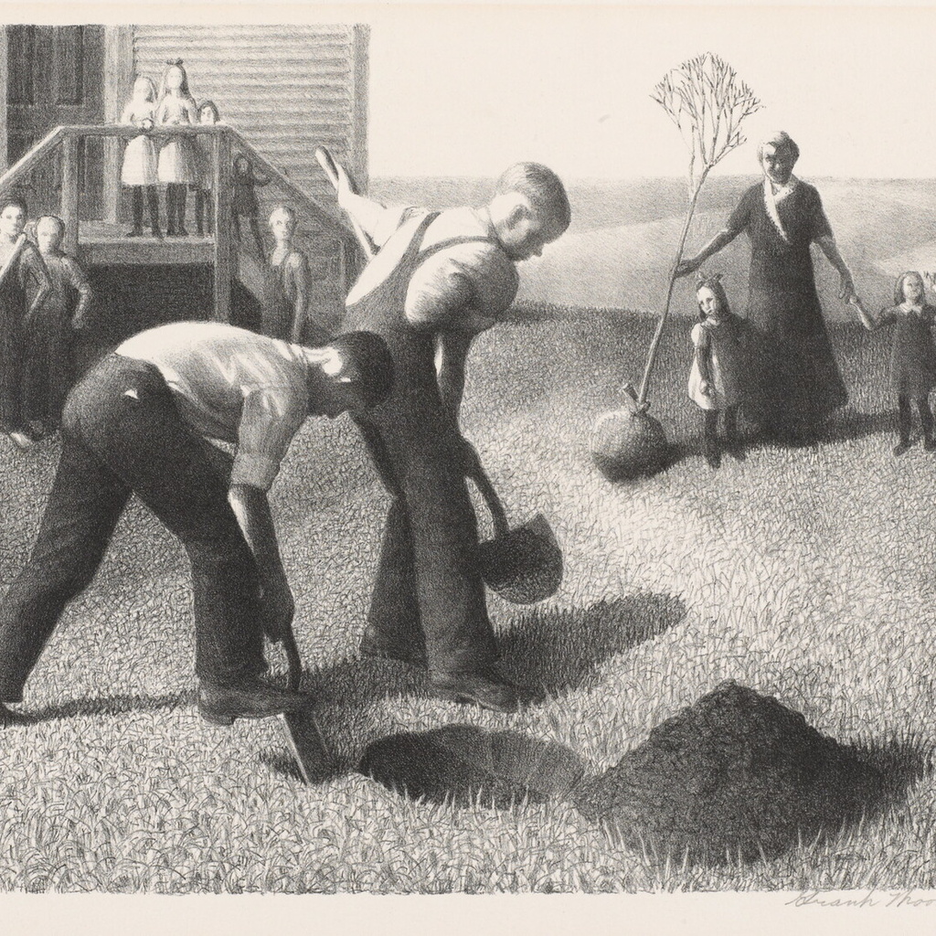 Grant Wood Country Forum: Welcome, "Study for American Gothic at Auction During "We the People: America at 250,'" and "Seeing Wood: Cedar Rapids Community School District Grant Wood Collection" promotional image