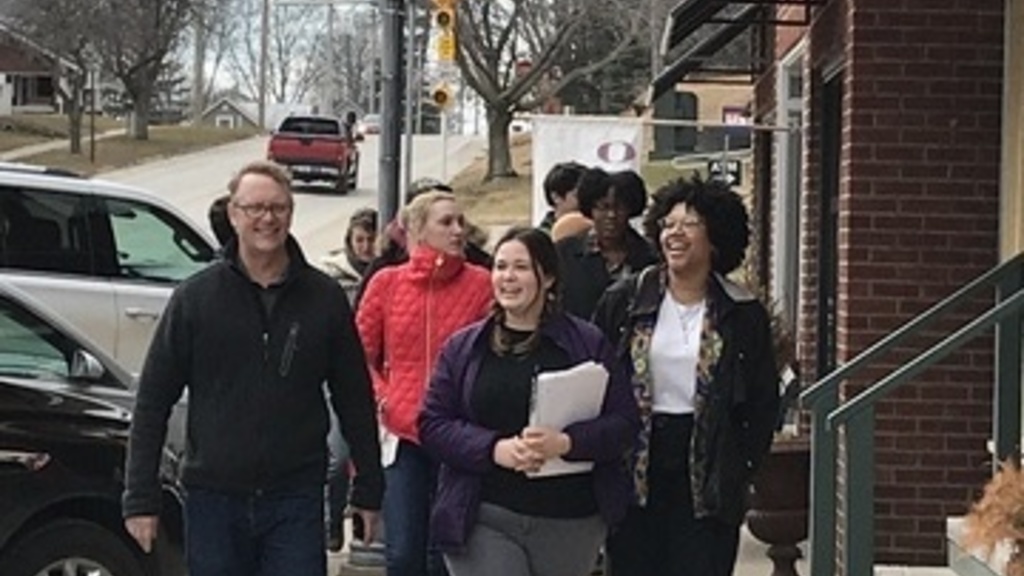 Grad students walking downtown